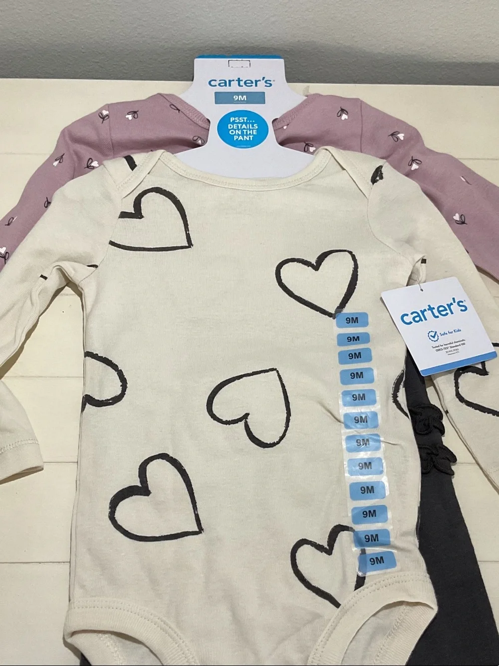 Carter's Cream Bodysuit with Black Heart Sketches & Mauve Long-Sleeve